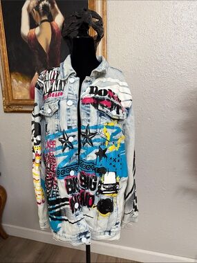 Reason hand Painted Graffiti Light Wash Denim Jacket —Blue, Pink, Yellow, Black.